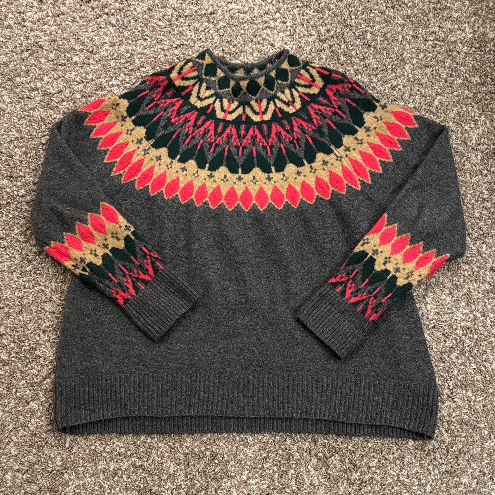 Vince Camuto Gray, Pink, Green Mock Neck Fair Isle Oversized Sweater L